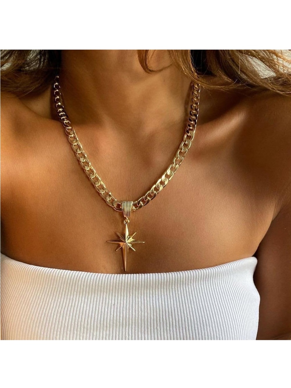 Gold Star Compass Pendant Chunky Chain Necklace - Women